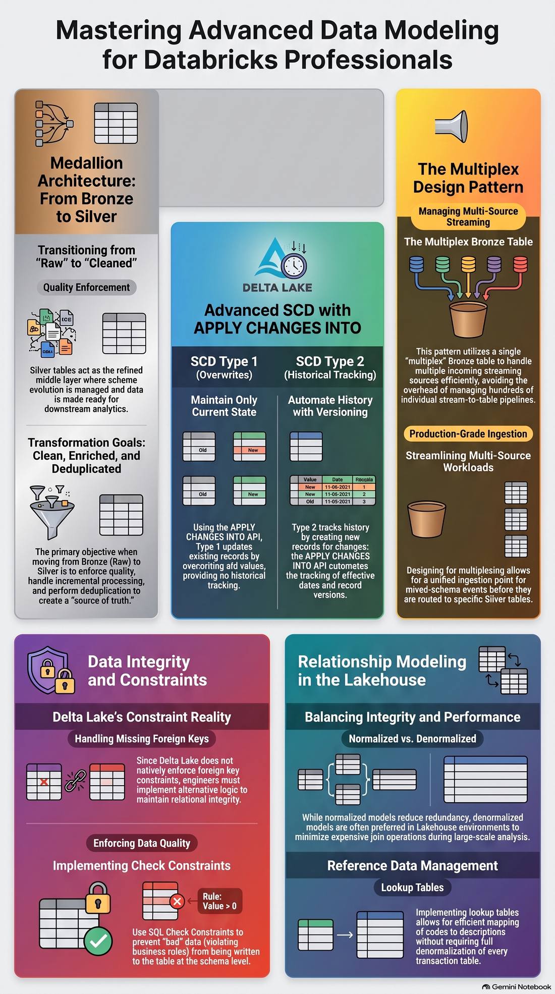 Mastering Advanced Data Modeling for Databricks Professionals — Medallion Bronze to Silver, SCD with APPLY CHANGES INTO, the Multiplex design pattern, data integrity and relationship modeling