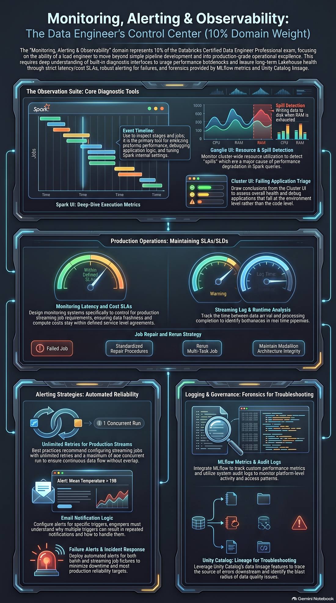 Monitoring, Alerting and Observability: the data engineer's control center — Spark UI, Ganglia UI, SLA/SLO gauges, alerting strategies, and logging/governance