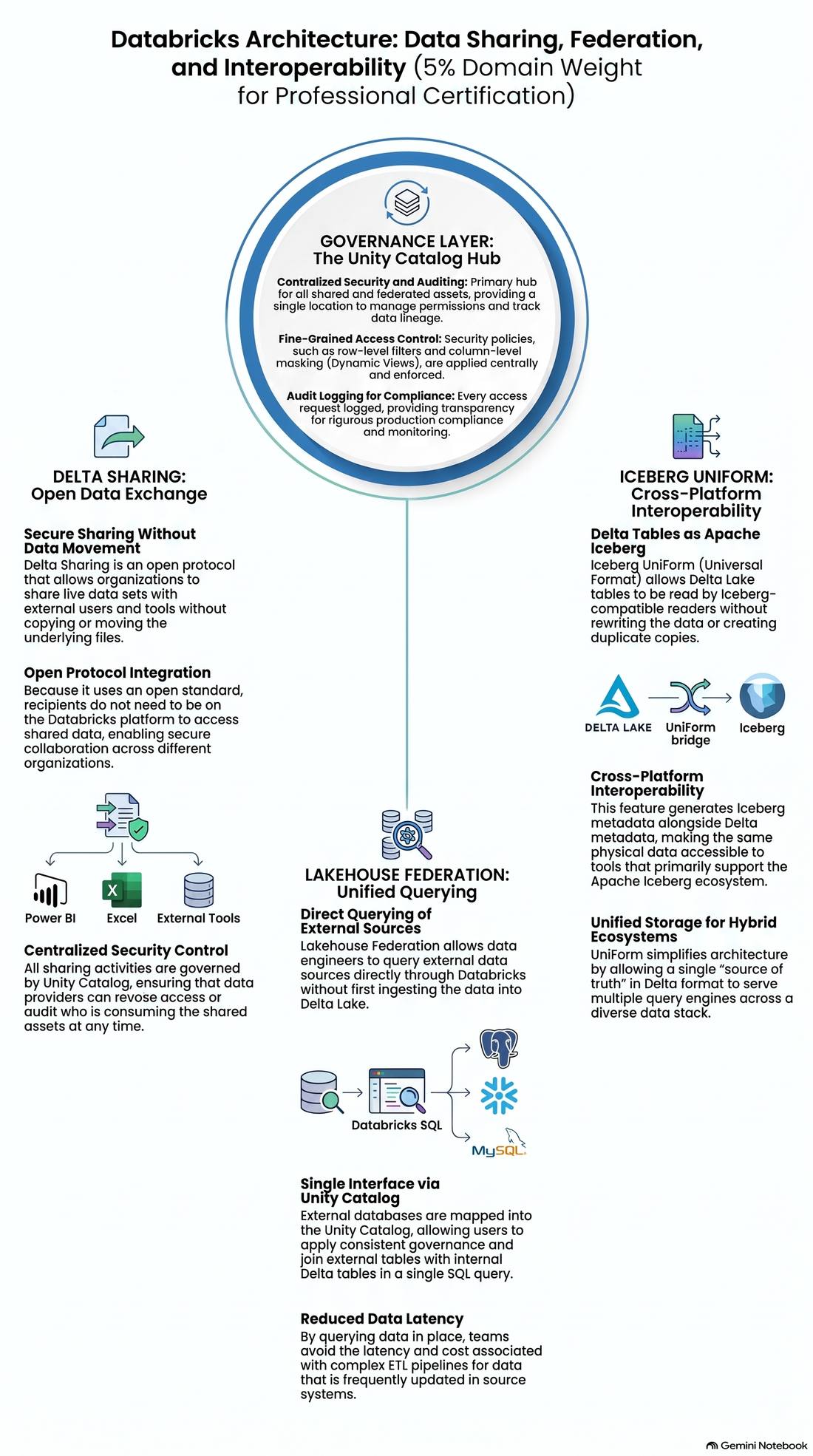 Databricks Architecture: Data Sharing, Federation, and Interoperability — governance layer, Delta Sharing, Lakehouse Federation, Iceberg UniForm