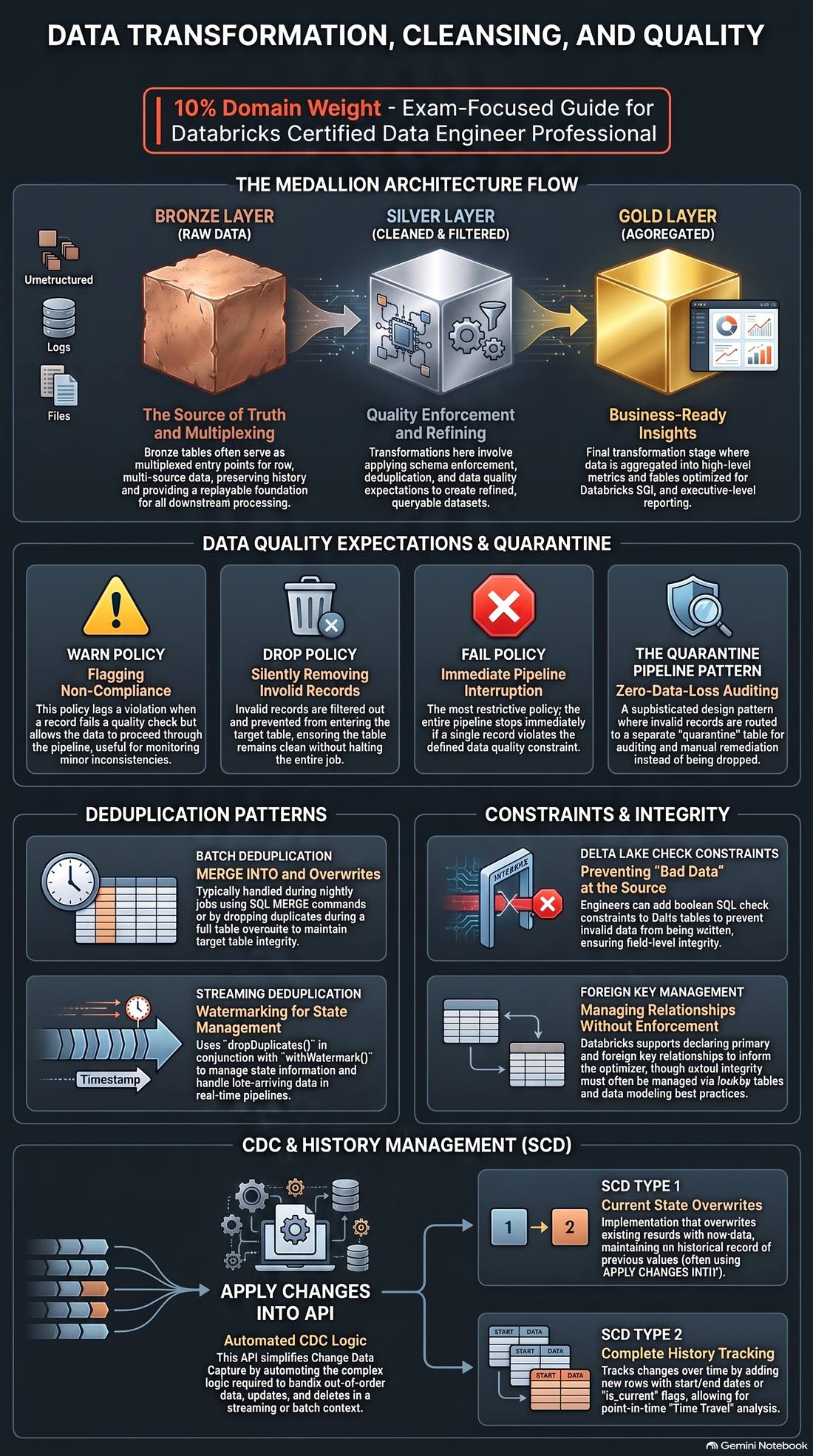 Data Transformation, Cleansing, and Quality — Medallion architecture flow, data quality expectations and quarantine, deduplication, constraints, CDC and SCD