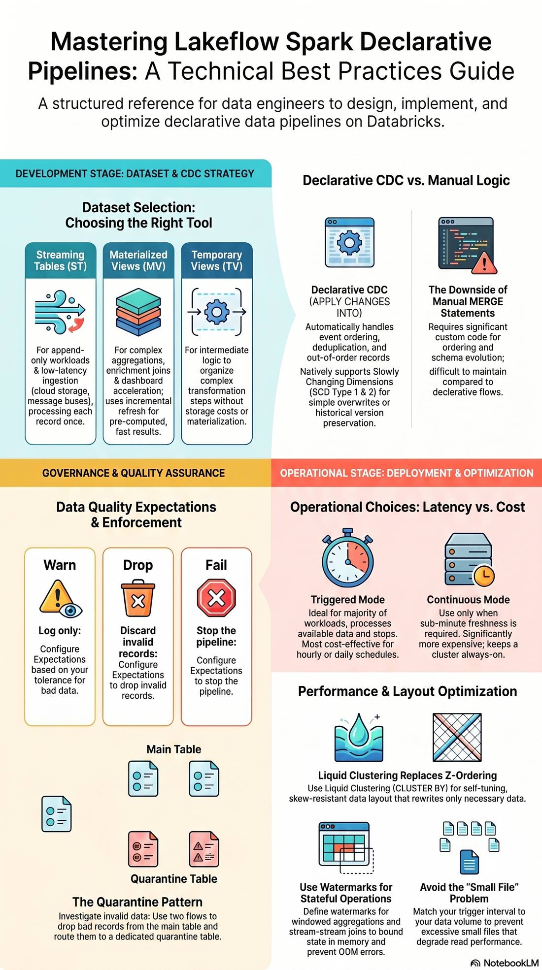 Mastering Lakeflow Spark Declarative Pipelines: A Technical Best Practices Guide — dataset selection, CDC, quality, and optimization