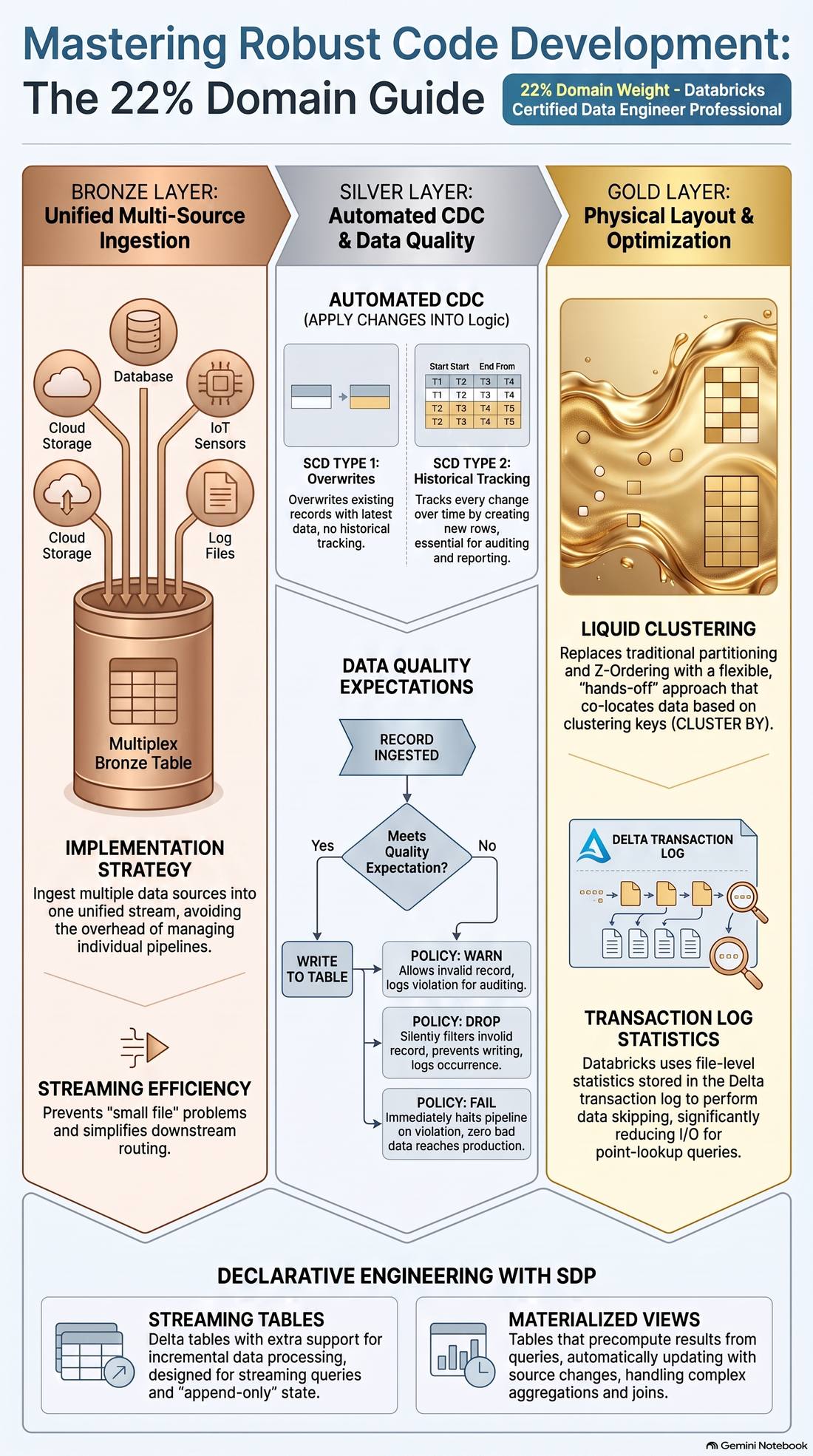 Mastering Robust Code Development: the 22% domain guide — Bronze unified ingestion, Silver automated CDC and data quality, Gold physical layout and optimization