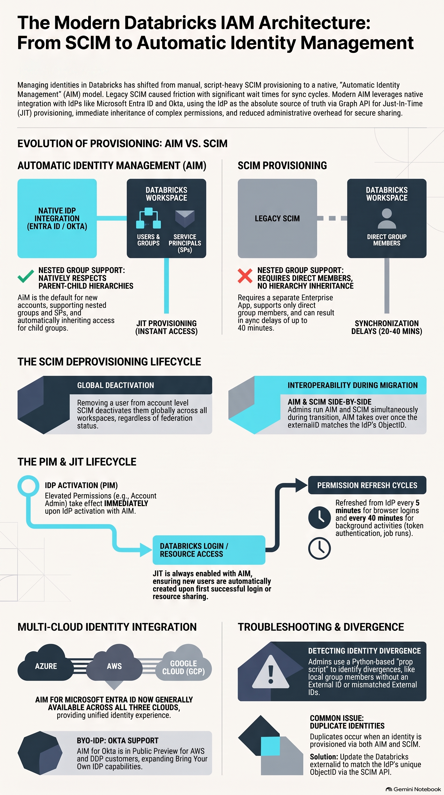 The Modern Databricks IAM Architecture: From SCIM to Automatic Identity Management — infographic covering AIM vs SCIM provisioning, the SCIM deprovisioning lifecycle, the PIM and JIT lifecycle, multi-cloud identity integration across Azure, AWS and GCP, and troubleshooting identity divergence.
